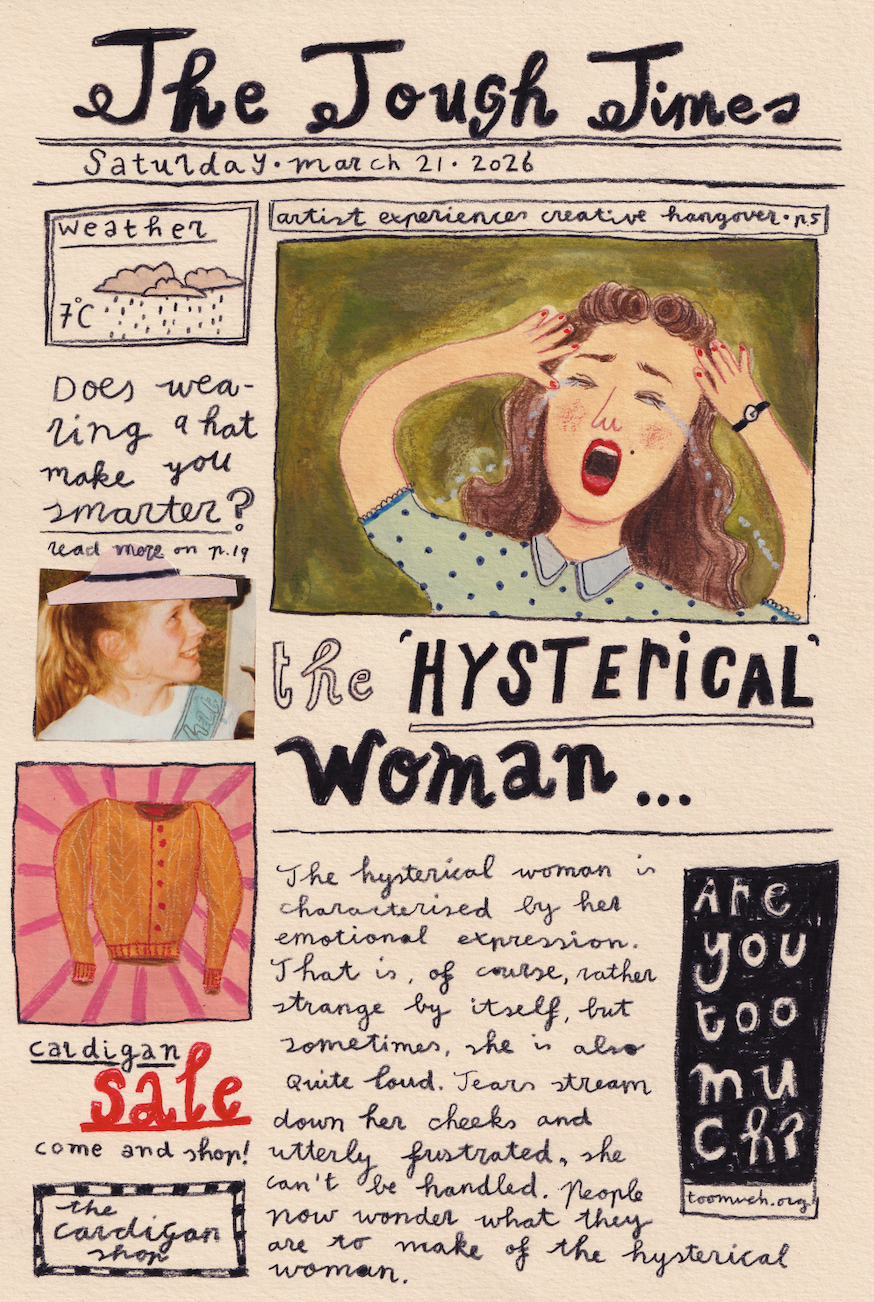 Colorful vintage look newspaper page illustration with an article about a 'hysterical' woman